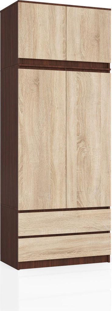 Kleiderschrank – Schlafzimmerschrank Kleiderstange – Dunkelbraun / Sonoma Eiche – 90 cm – Erweiterbarer Drehtürenschrank mit Aufsatz und 2...