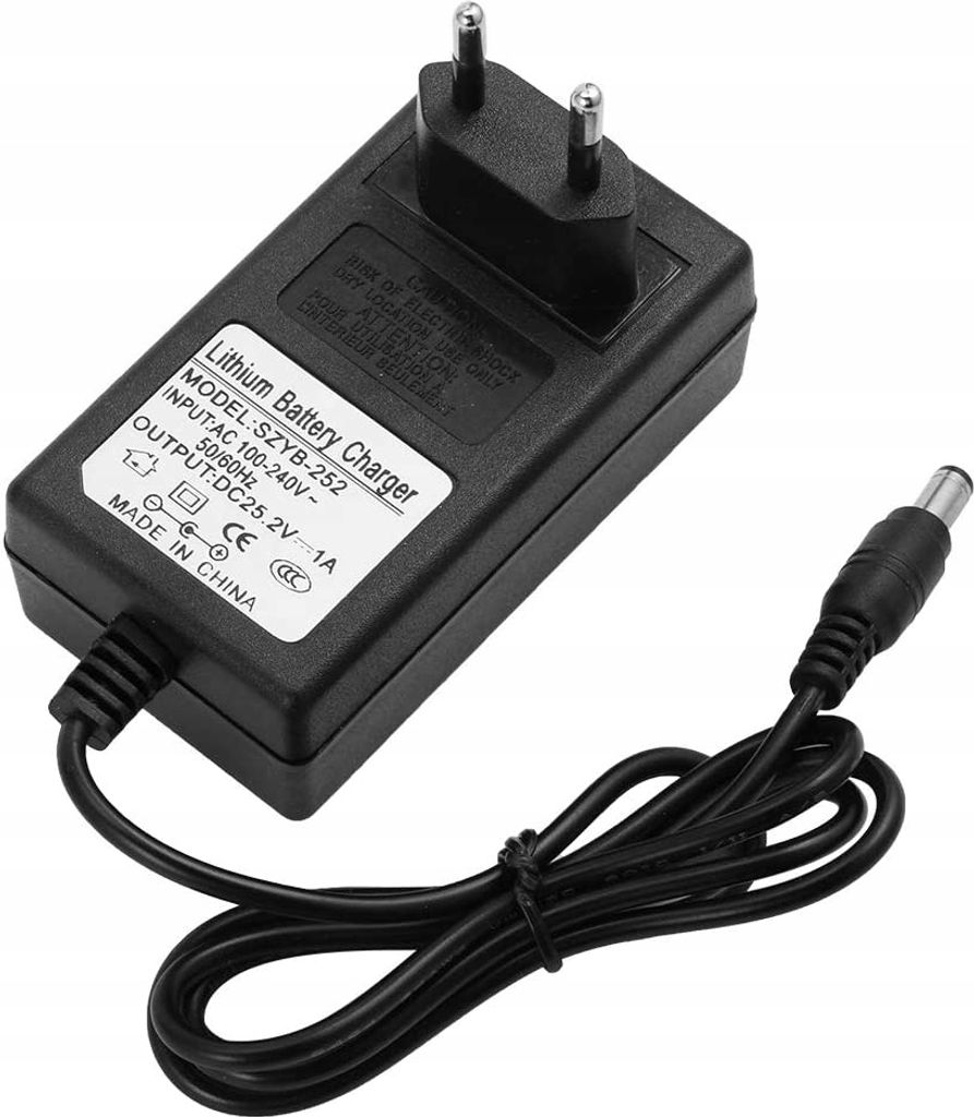 A black lithium battery charger with a European plug and a DC output cable is shown on a white background.
