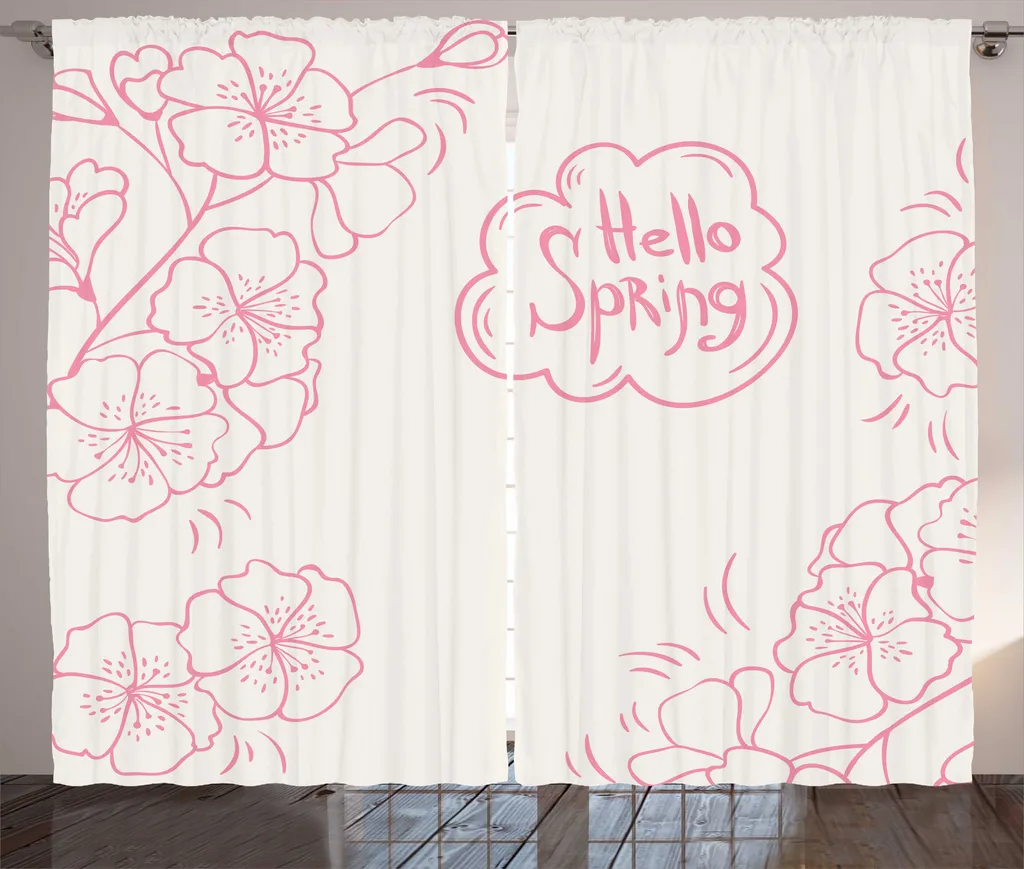ABAKUHAUS Tenda rustica con motivo a fiori di mandorlo, fogliame orientale, tenda con passanti e ganci per camera da letto, 280 x 175 cm, rosa bianco