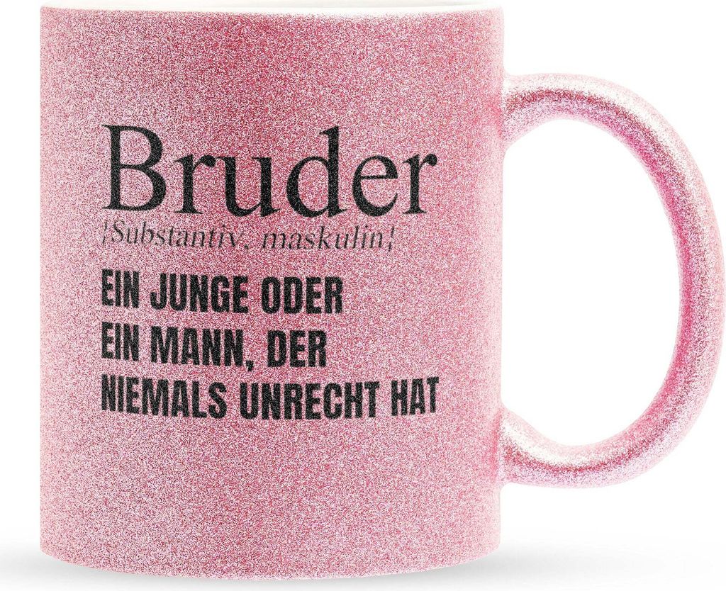22Feels Glitzertasse Pink Bruder Geschenk Geburtstag Weihnachten Geschwister Jungs Männer Haferl Teenager Bruderherz Geschenkidee Bürotasse