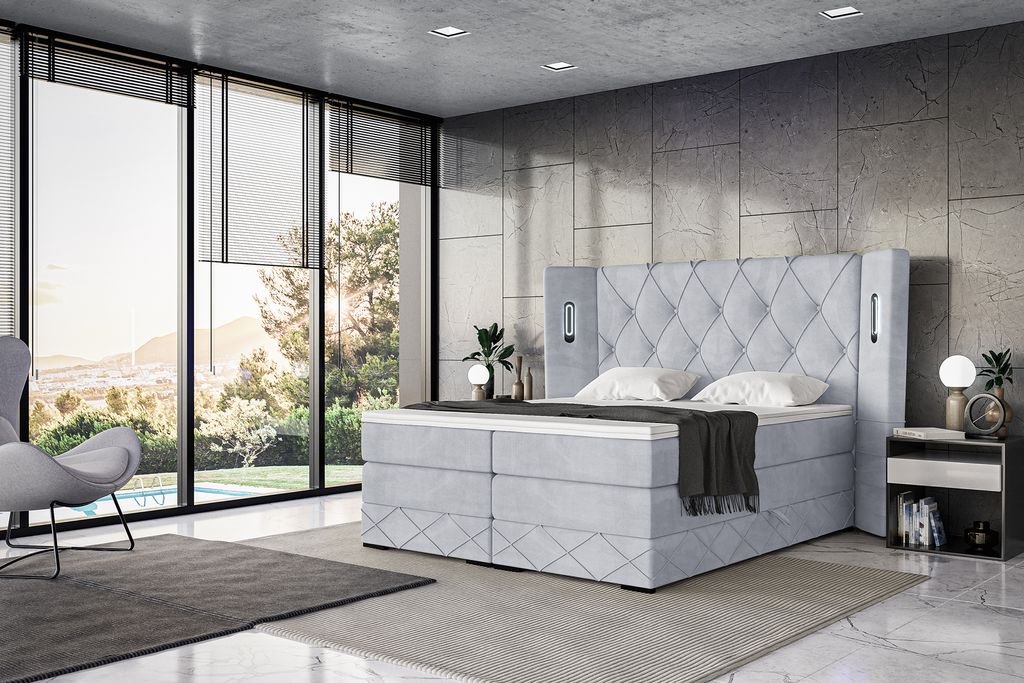 MEBLINI King Boxspringbett mit Bettkasten - Gepolstert Doppelbett mit Matratze und Topper - Polsterbett mit Stauraum - Bett mit LED Kopfteil - Stau...