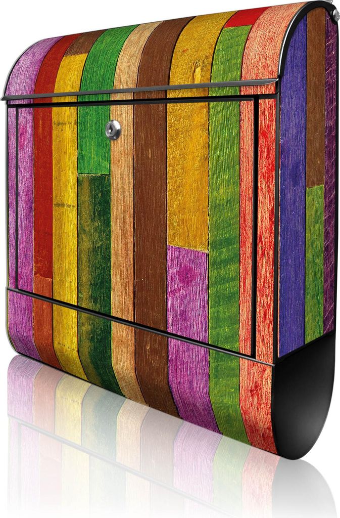 banjado Design Briefkasten Stahl schwarz mit Zeitungsfach pulverbeschichtet "Holz Collage Bunt" 38x46x12,5cm & 2 Schlüssel - Postkasten A4 Einwurf...