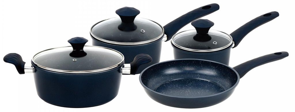 Herzberg HG-04685BLU: 7-teiliges Kochgeschirrset aus marmoriertem Gusseisen – Blau