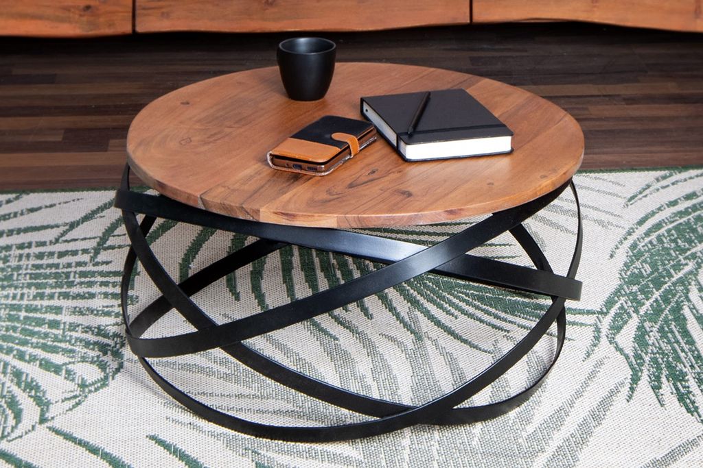 Couchtisch Allison, Akazienholz massiv + nussbaumfarben, runder Sofatisch mit schwarzem Metallgestell, Industrial-Design, 60x60x30 cm