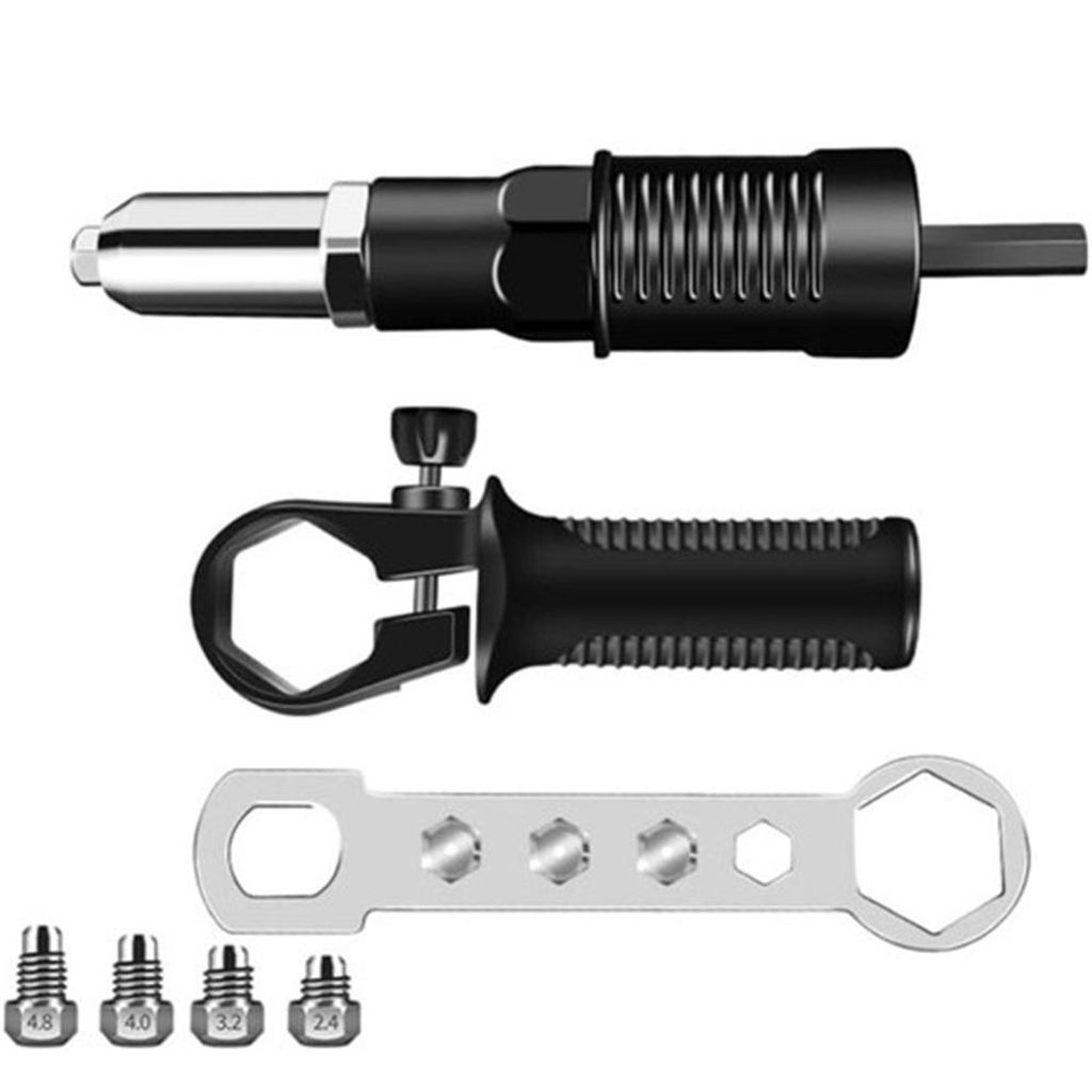 Profi Nietmutternaufsatz Nietaufsatz Nietgerät Nietpistole Adapter Set für Bohrmaschine oder Akkuschrauber mit vier Nietköpfen: 2,4/3,2/4,0/4,8 mm