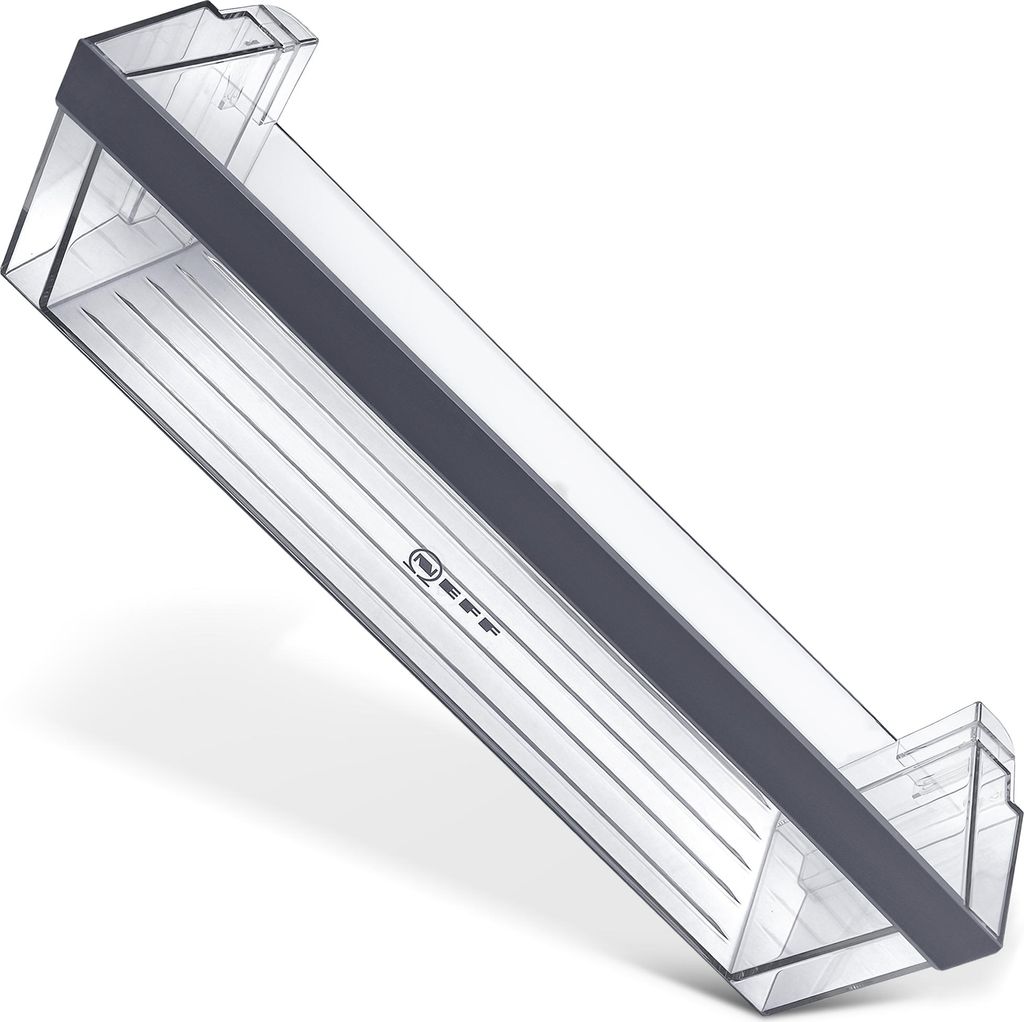 A clear plastic refrigerator door shelf with a gray trim, presented against a white background.