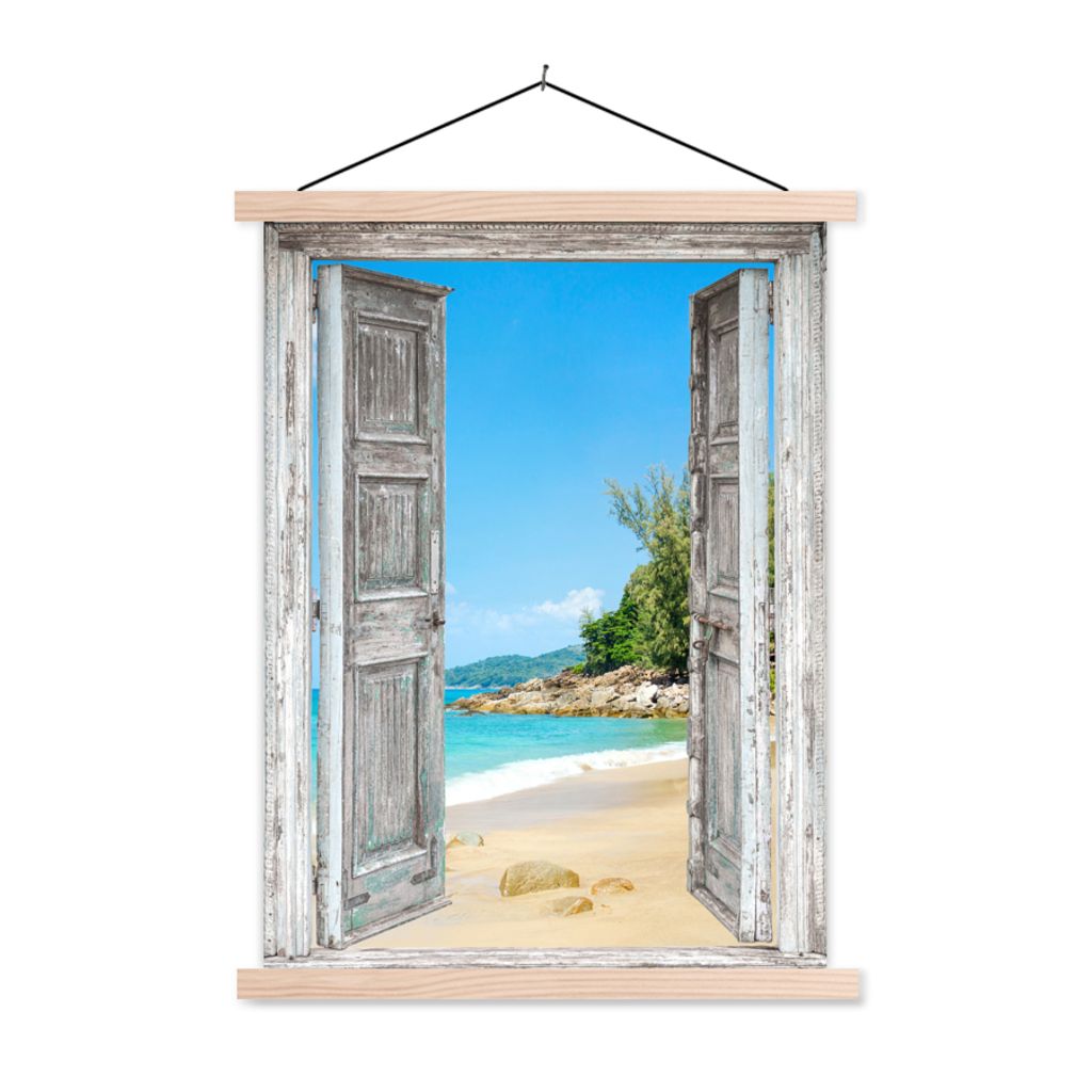 MuchoWow Textilposter Strand - Ausblick - Sommer - Tropisch 120x160 cm mit holzfarbenen Rahmen - Plakatkarton