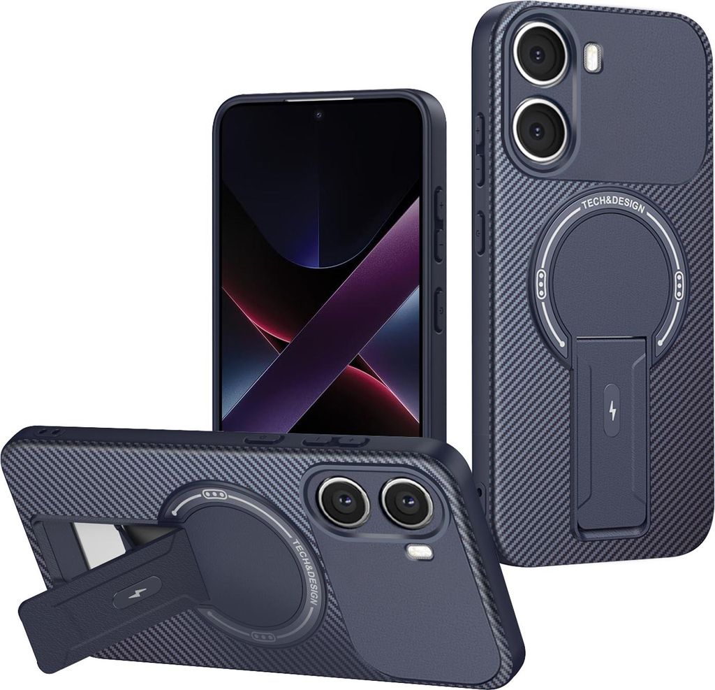 Hülle für Xiaomi Poco X7 Pro Magnetisch Carbonfaser Design TPU Hybrid Handyhülle mit Ständer Blau