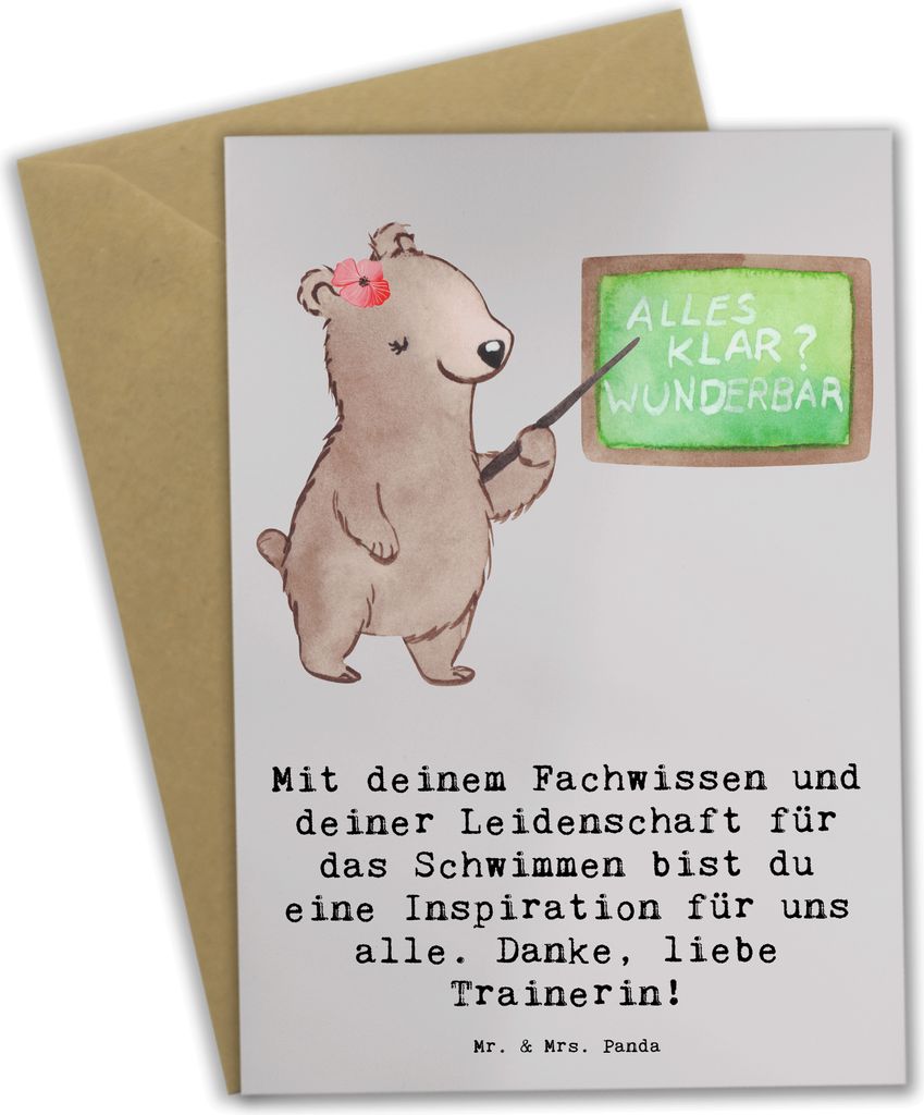 Mr. & Mrs. Panda Grußkarte Schwimmen Trainerin Inspiration - Grau Pastell - Geschenk, genesungskarte, weihnachtskarten, Geschenkidee für Schwimmt...