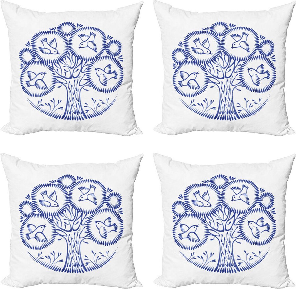 ABAKUHAUS Volkskunst Kissenbezug Set (4 Stück), Vögel in Botanik Kreise, Moderner Doppelseitiger Digitaldruck, 60 cm x 60 cm, Royal Blue and White
