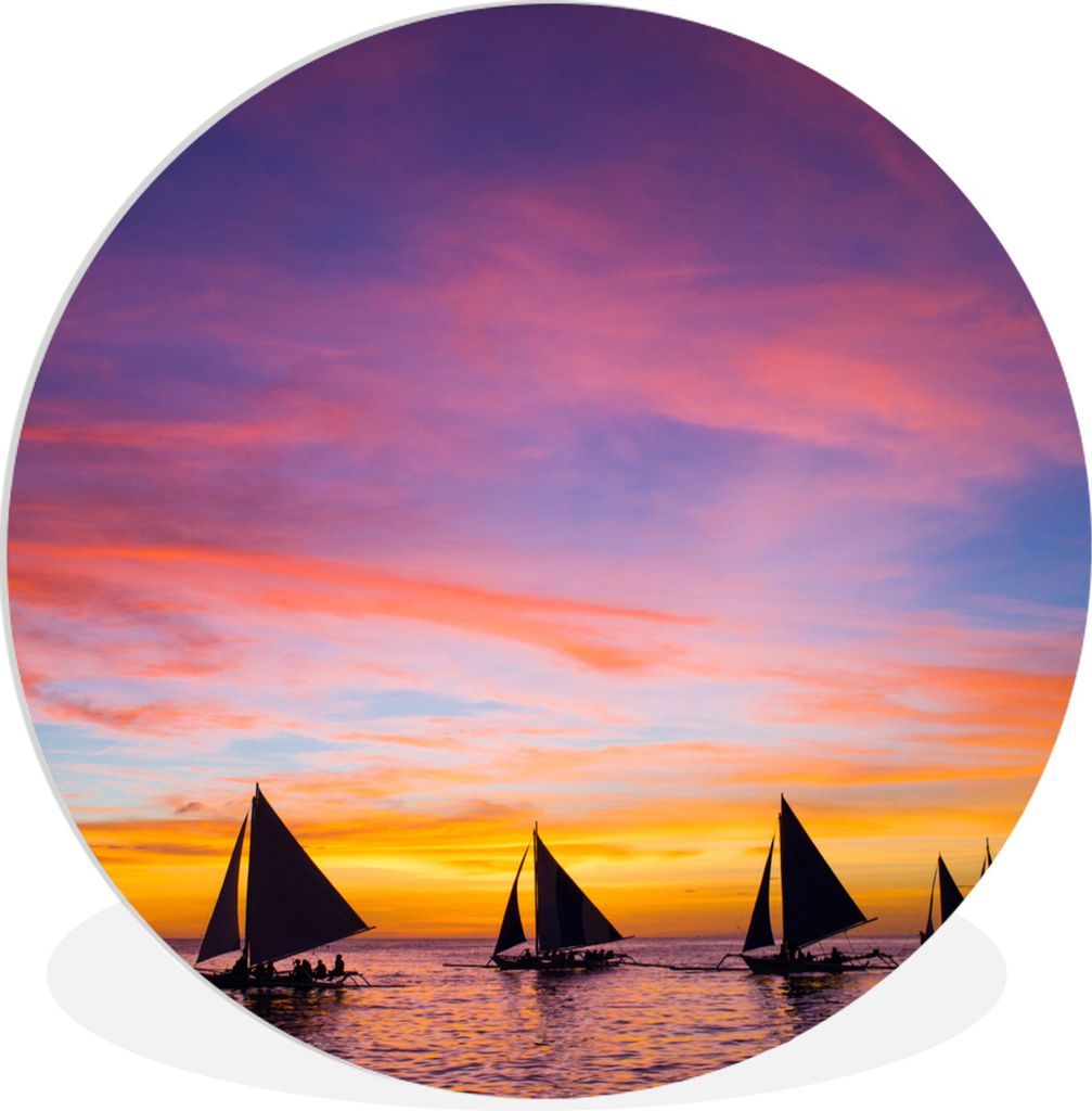 MuchoWow Rundes Wandbild - Runde Bilder Sonnenuntergang mit Segelbooten am Strand von Boracay Ø 60 cm Kreis Wanddekoration Kunststoff - Wandkrei...