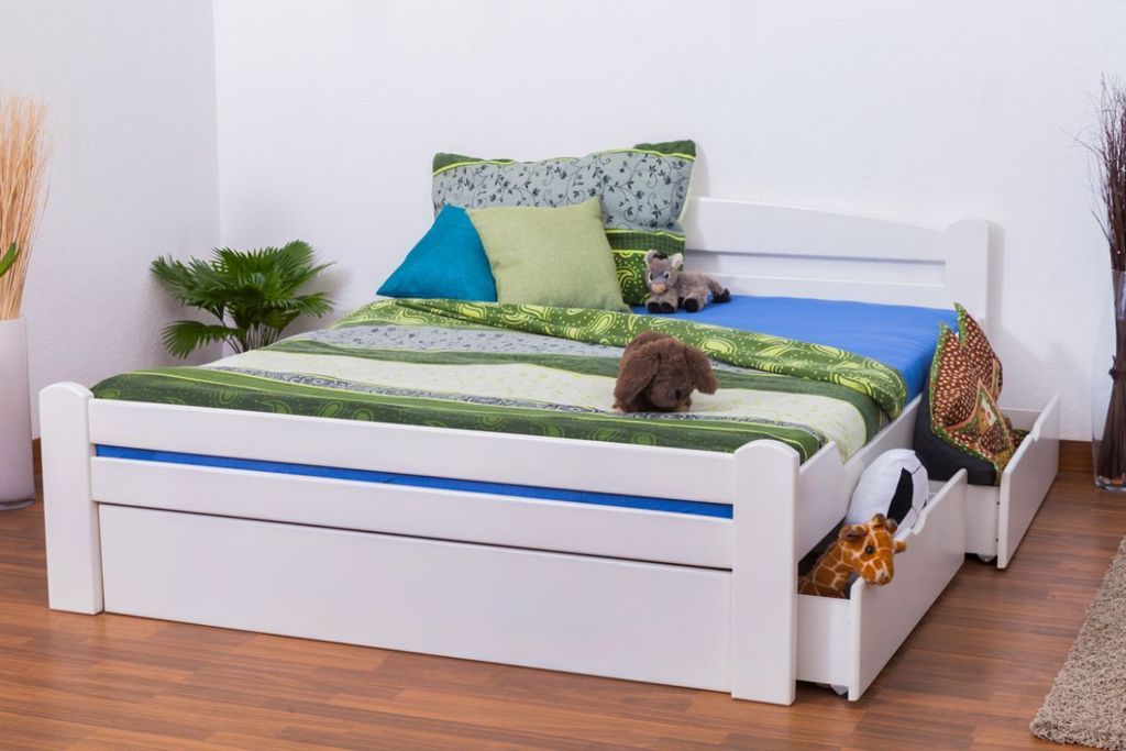 Jugendbett "Easy Premium Line" K4 inkl. 2 Schubladen und 1 Abdeckblende, 160 x 200 cm Buche Vollholz massiv weiß lackiert