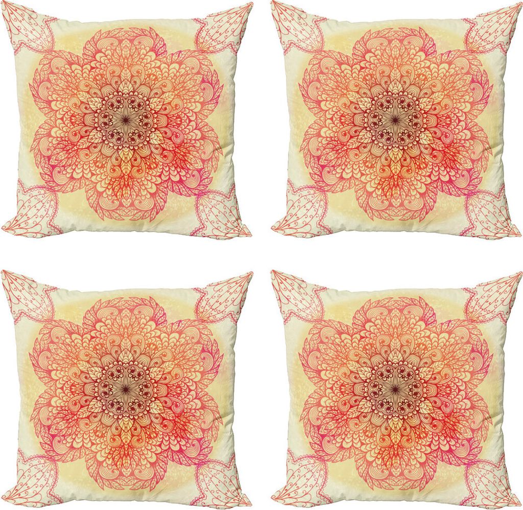 ABAKUHAUS Red Mandala Kissenbezug Set (4 Stück), Blüten-Blumen, Moderner Doppelseitiger Digitaldruck, 45 cm x 45 cm, Burgundy Gelb Pink