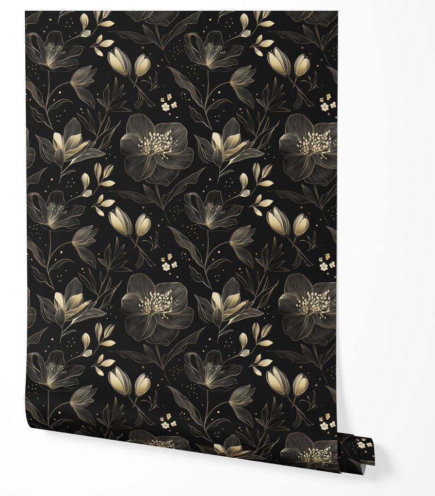 Vliestapete Blumen Floral Elegant Abwaschbar Wohnzimmer 4x2,5 Gold-Schwarz
