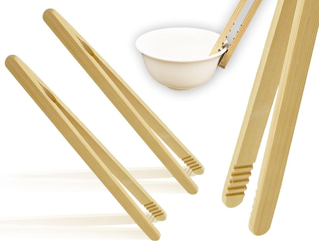Inovra Plus - Bamboe Toasttangen Set von 2 Stück Wiederverwendbar Natürlich Holz - Küchentang für Backen Waffeln und Brötchen - 18 cm - Nachha...