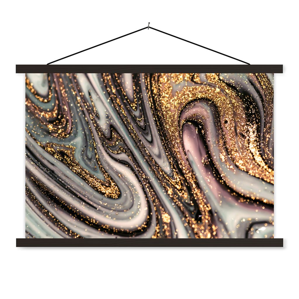 MuchoWow Textilposter Marmoroptik - Gold - Glitter - Luxus - Marmor - Weiß 120x80 cm mit schwarzem Rahmen - Wanddeko