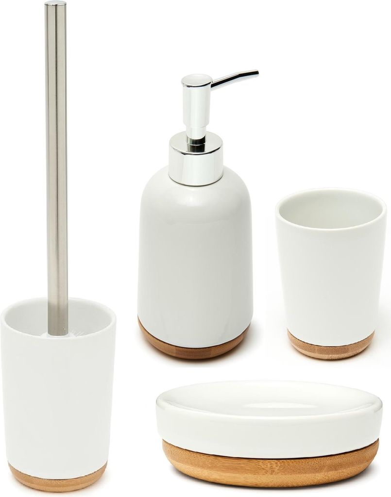 BB ELLA Bad Accessoires Set Badezimmer-Set 4-teilig Keramik/Holz, weiß