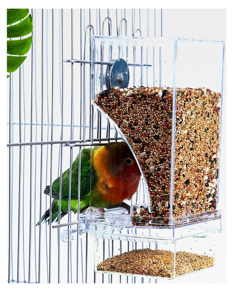 Automatischer Futterspender für Vogelkäfige mit Sitzstange, kein Durcheinander, zum Aufhängen, geeignet für Papageien, Sittiche, Kanarienvögel...