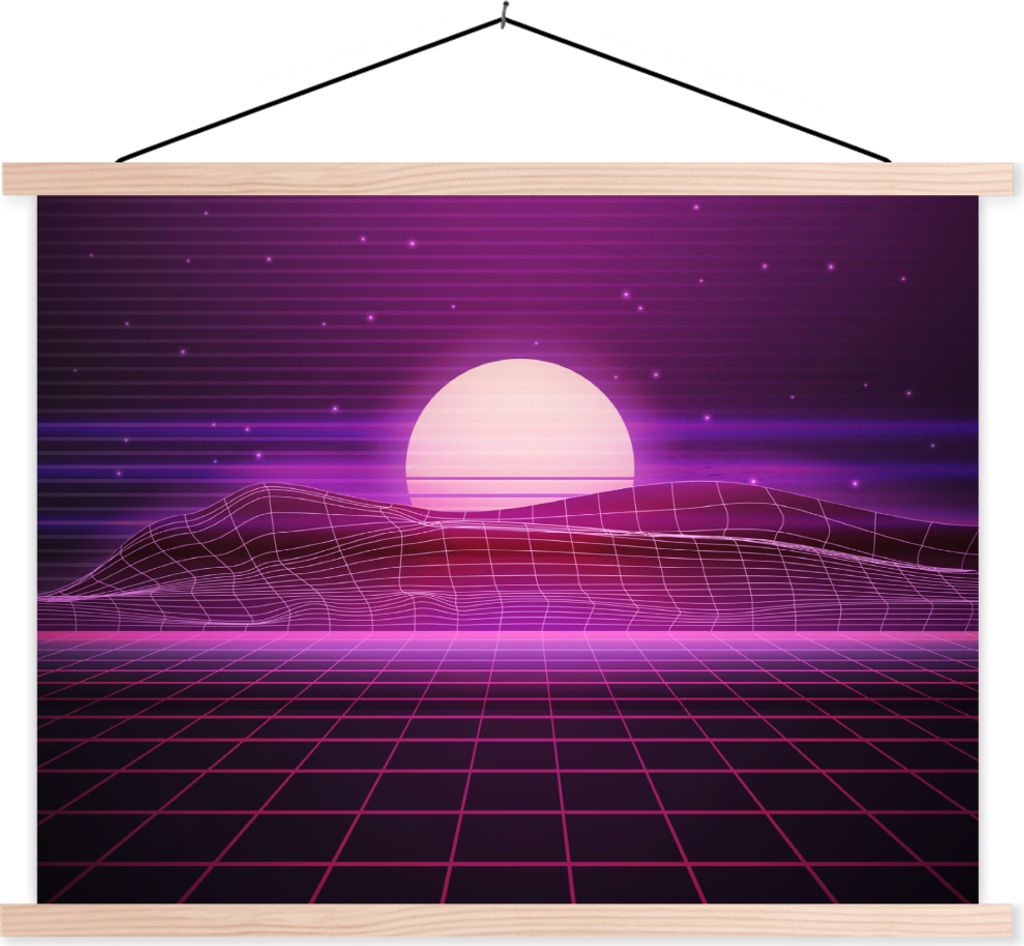 MuchoWow Textilposter Spiele - Neon - Retro - Lila - Sonne - Spiele 40x30 cm mit holzfarbenen Rahmen - Bilder