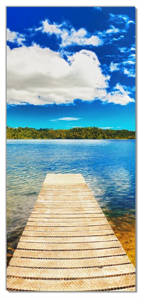 Wallario selbstklebende Türtapete 100 x 220 cm - Klarer See mit Steg - Blauer Himmel - Abwischbar, rückstandsfrei zu entfernen