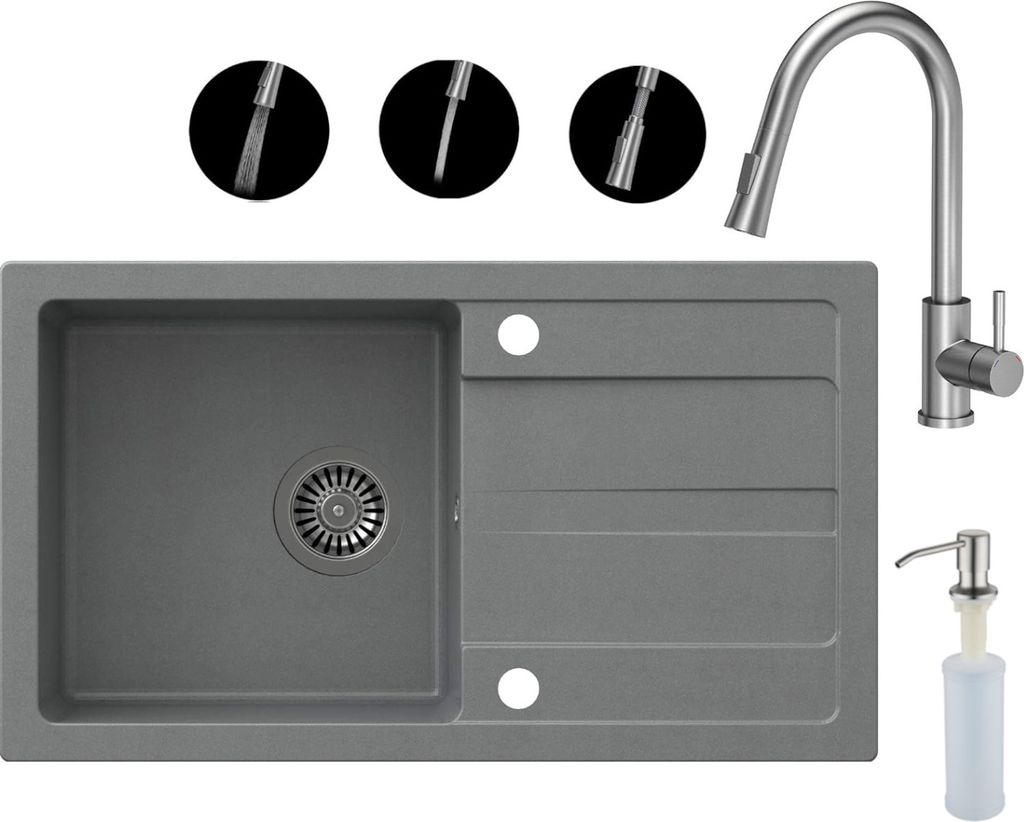 VBChome Spülbecken mit Armatur 77 x 44 cm Grau Einzelbecken Einbauspüle Abtroffläche Gesprenkelt Reversibel Granitspüle Siphon Spülmittelspend...