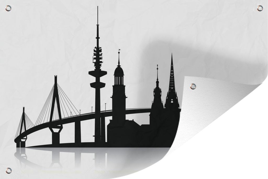 MuchoWow 60x40 cm Outdoor-Poster Gartendeko Sichtschutz Garten Poster für den Garten Eine schwarz-weiße Illustration mit der Skyline von Hamburg