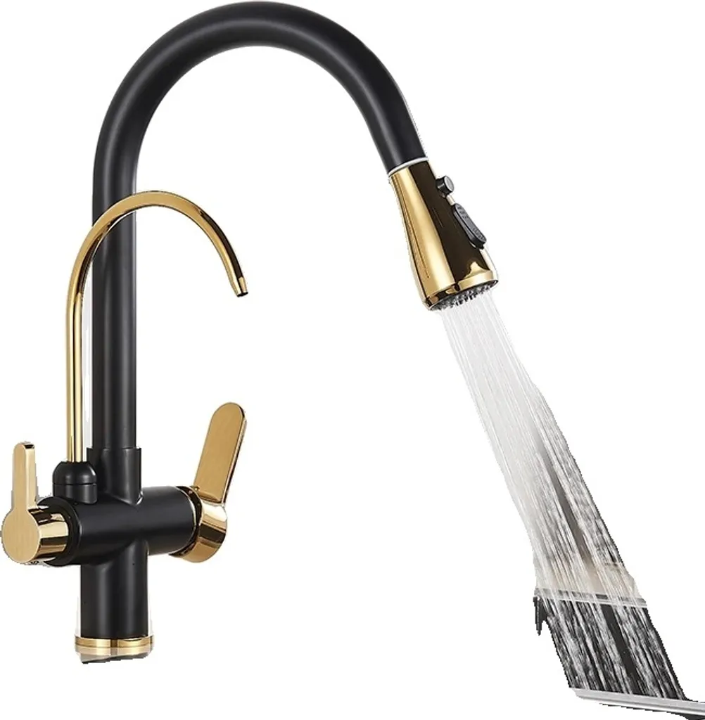 Rubinetto da cucina, bocca estraibile, attacco acqua calda e fredda, oro nero A
