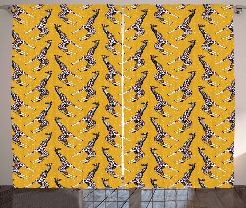 ABAKUHAUS Giraffe Rustikaler Gardine, Tier Ornament, Schlafzimmer Kräuselband Vorhang mit Schlaufen und Haken, 280 x 175 cm, Mehrfarbig
