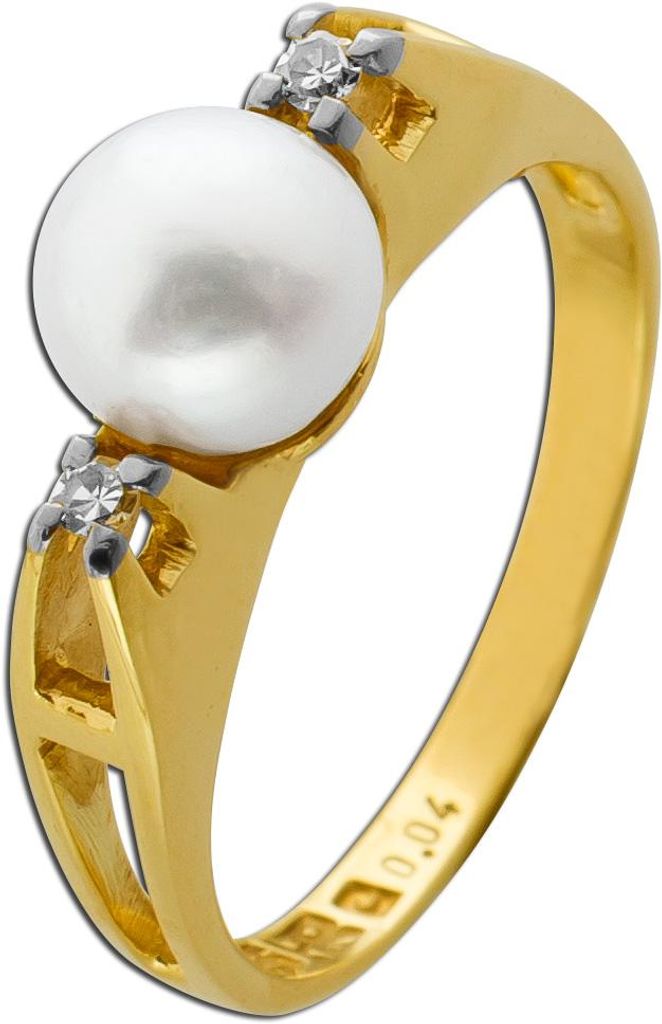 Perlenring Gold 585 14K Diamanten 0.04ct Akoyaperle Antikschmuck 17