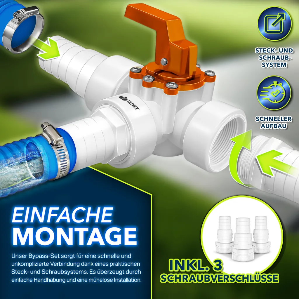 tillvex® Set bypass piscina 12 pezzi - attacco Ø32 e 38 mm | valvola a 3 vie e adattatore ABS | 6x fascette stringitubo & 8m nastro isolante - ideale per sistemi di filtraggio a sabbia, pompe di calore e riscaldamento piscina (arancione) - 7