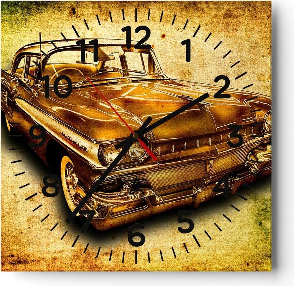 Wanduhr - Quadrat - Glasuhr - Auto klassisch Limousine Geschwindigkeit - 40x40cm - Schleichendes Uhrwerk - Lautlos - zum Aufhängen bereit - Dekora...