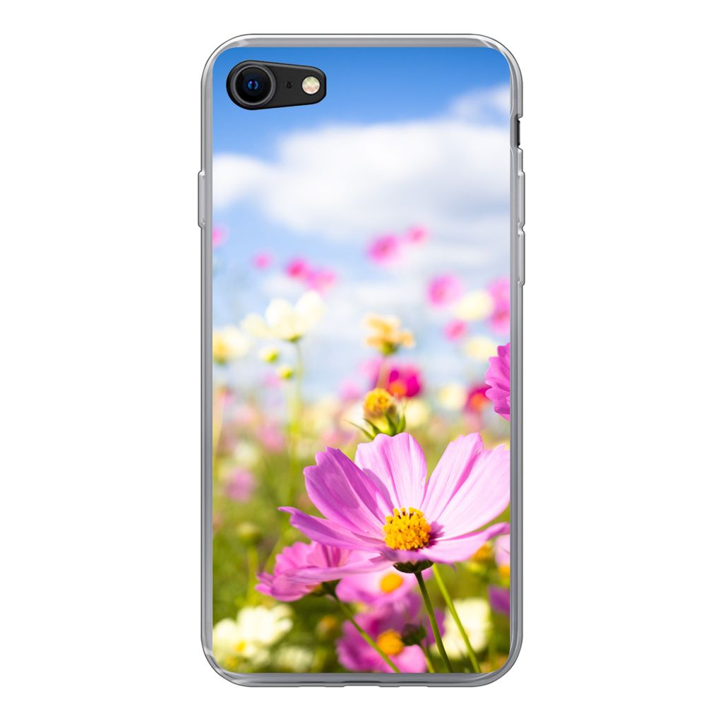 MuchoWow Handyhülle Schutzhülle Hülle für iPhone SE 2020 Blumen - Wiese - Lila - Gras - Weiß - Wolken - Blau Silikon Softcase Handy Hülle -...