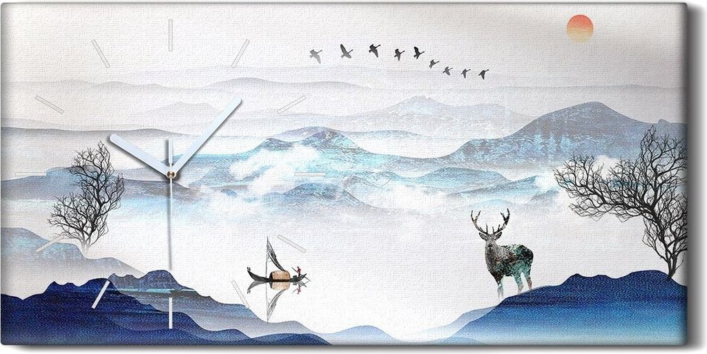 Dekor Leinwand Uhr Wandbilder 60x30 Gemälde Asiatisches Boot Hirsch Berge Bäume - weiße Hände
