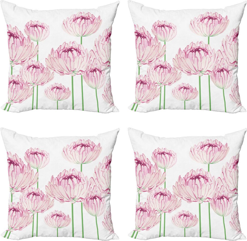 ABAKUHAUS Blumen Kissenbezug Set (4 Stück), Zarte Pfingstrose Blumen, Moderner Doppelseitiger Digitaldruck, 60 cm x 60 cm, Hellrosa und Grün