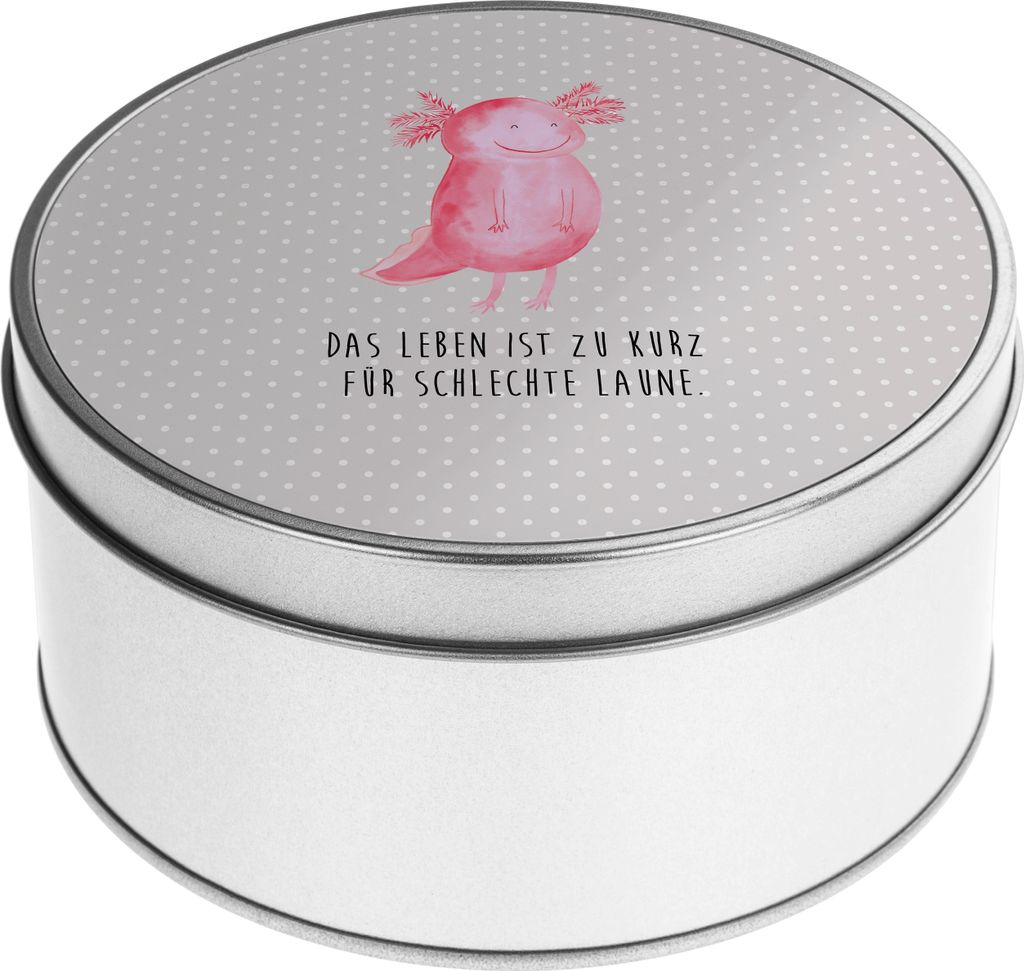 Mr. & Mrs. Panda Blechdose Axolotl Glücklich - Grau Pastell - Geschenk, gut Gelaunt, Dose, Schwanzlurch, keksdosen, Vorratsdosen, Aufbewahrungsdos...