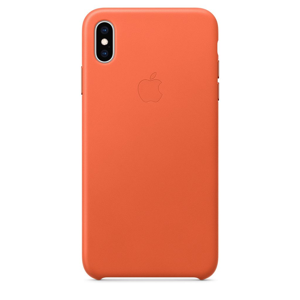 A back view of an orange iPhone case with the Apple logo embossed on it.