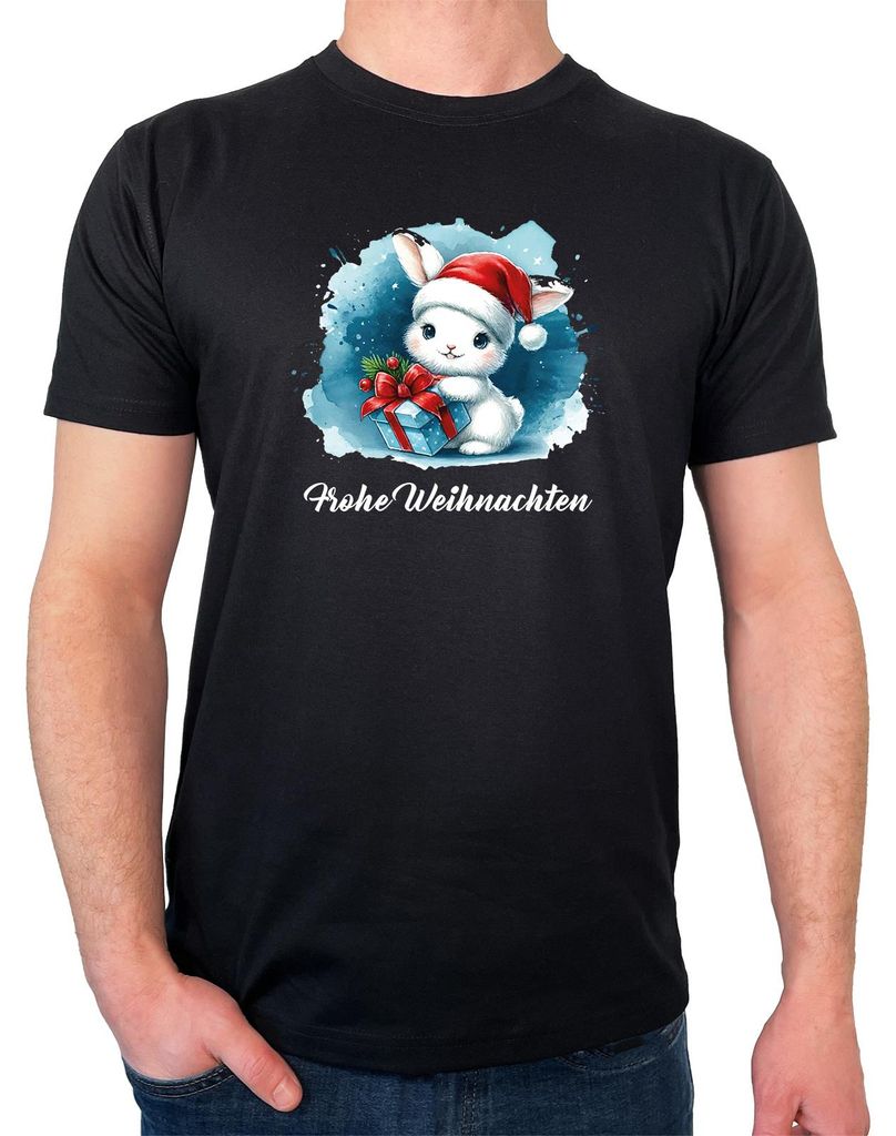 Huuraa Herren T-Shirt Süßer Hase Frohe Weihnachten XXL Black Bio Baumwolle Fairtrade Herrenshirt Geschenkidee