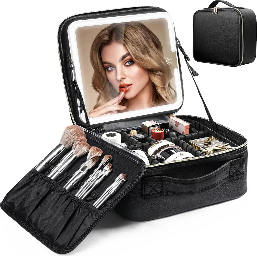 Organisateur de cosmétiques lumineux en cuir noir pour le maquillage