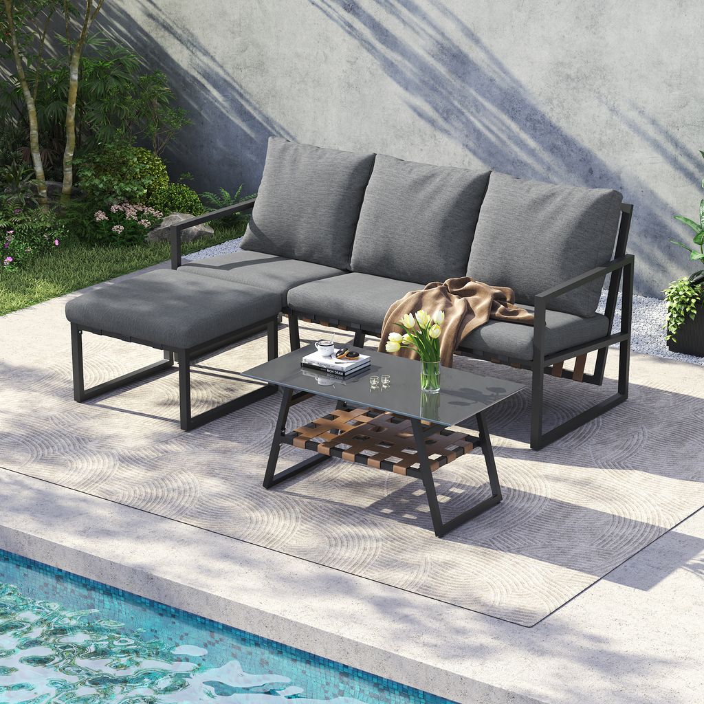 MODFU Gartenmöbel Set, Gartenlounge-Set,Garten-Loungesessel-Set mit Eckgarnitur, Sofa & Couchtisch &Fußhocker,Couchtisch mit Glastischplatte,Grau