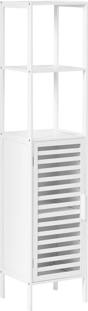 BELIANI Badregal mit Tür Weiß Bambusholz 145 cm Hoch 5 Fächer Lamellen-Optik Latten-Optik Rustikal Badezimmer Ausstattung Badmöbel Holzregal