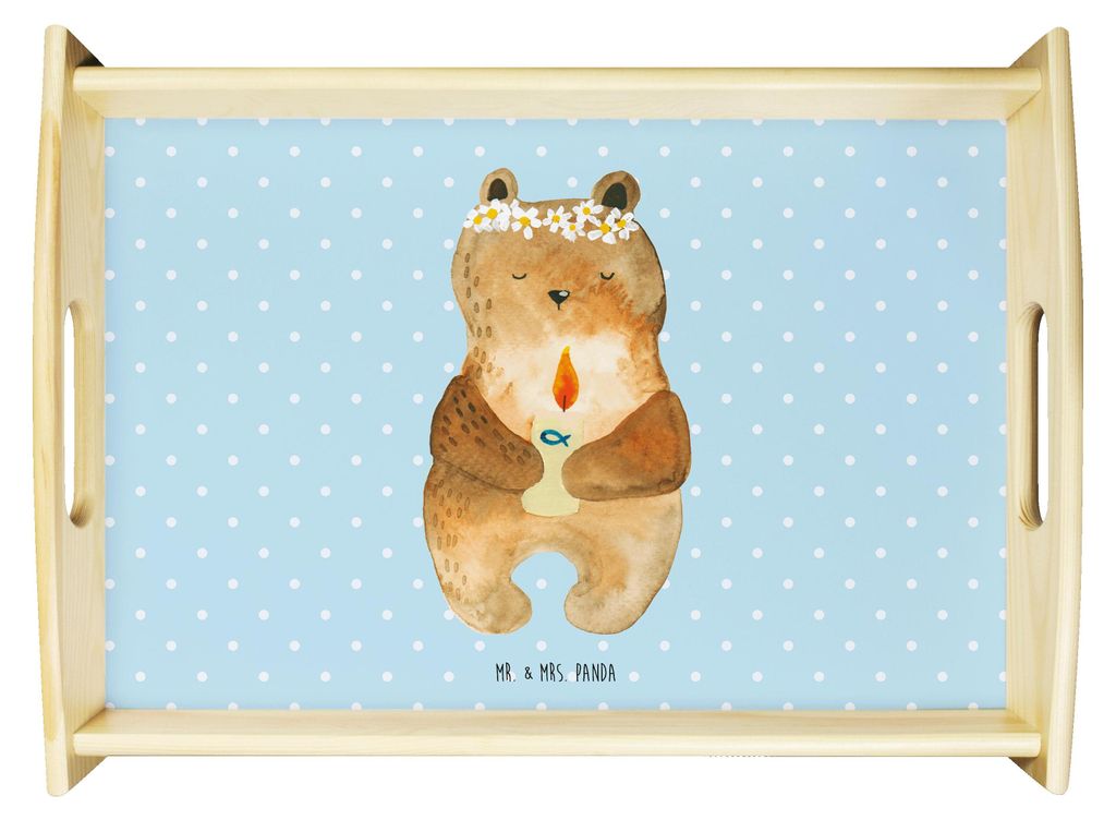 Mr. & Mrs. Panda sofatablett Bär Kommunion - Blau Pastell - Geschenk, Teddy, Taufkerze, serviertablett holz, Servier Tablett, Sofa, Dekotablett, a...