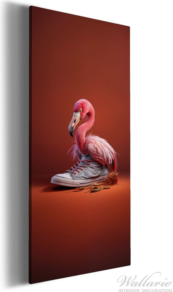 Wallario Premium Leinwandbild Flamingo im Sneaker in Größe 60 x 150 cm