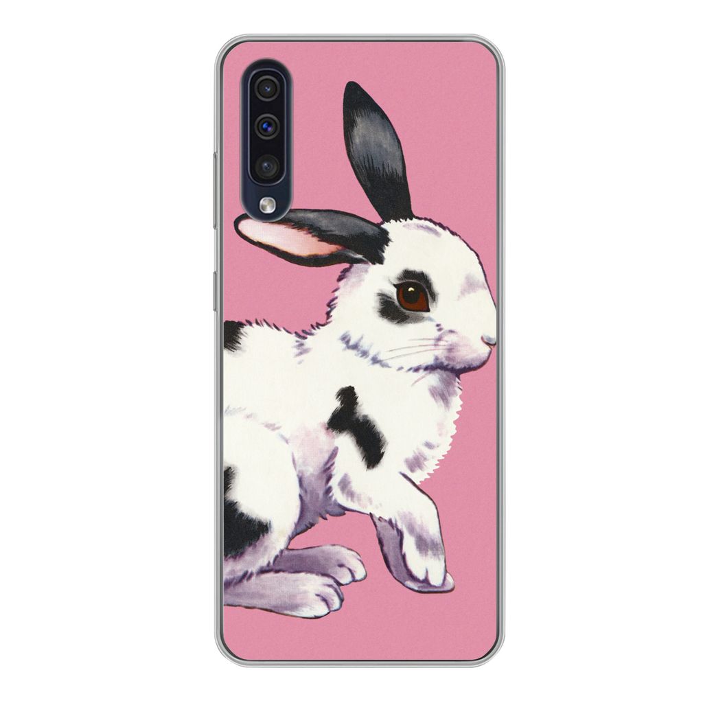 MuchoWow Handyhülle Schutzhülle Hülle für Samsung Galaxy A50 Kaninchen mit rosa Hintergrund Silikon Softcase Handy Hülle - Mobiltelefonhülle