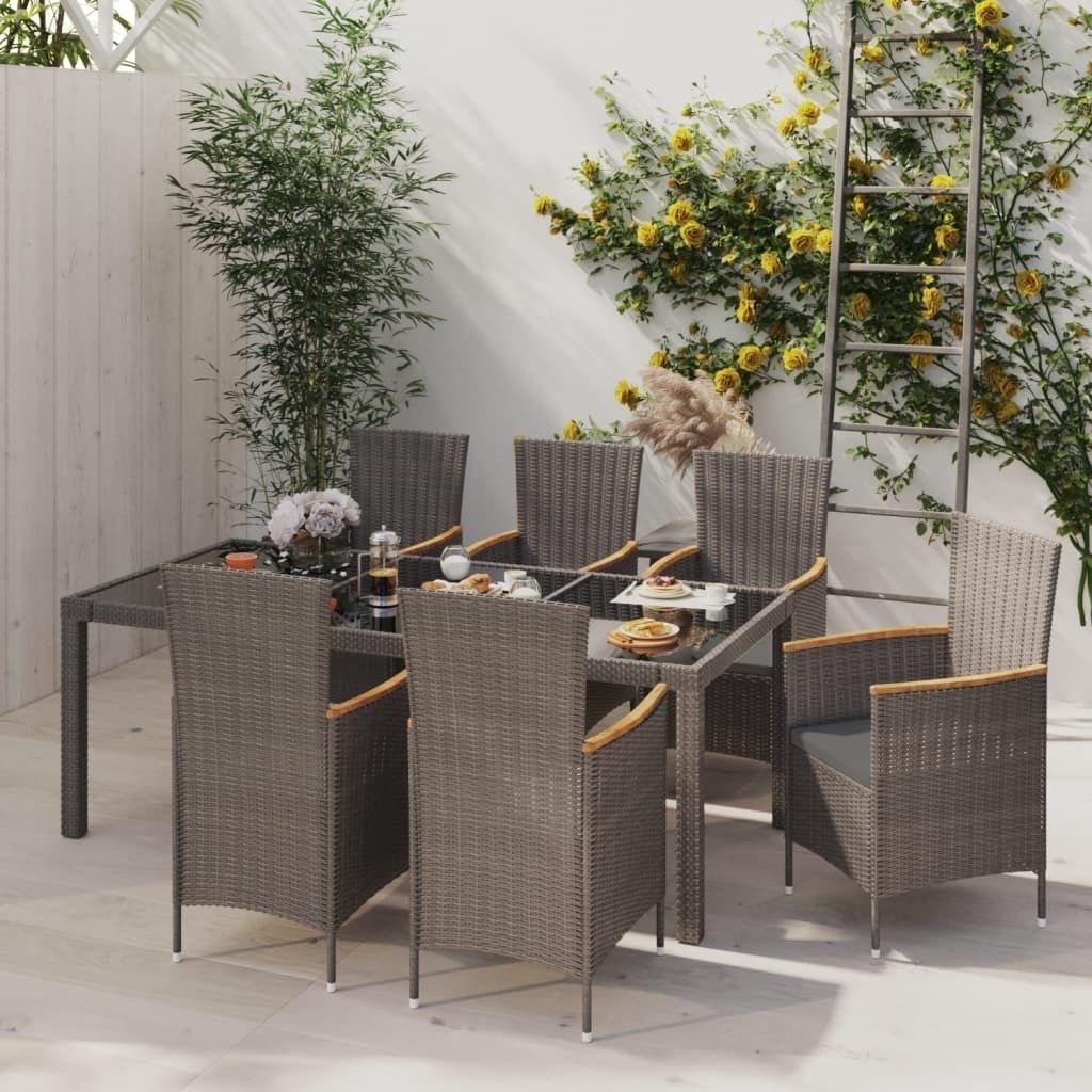 The Living Store 7-tlg. Garten-Essgruppe mit Auflagen Poly Rattan Schwarz & Grau