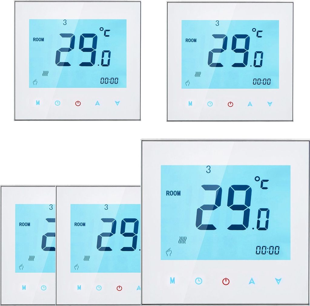A collage of digital thermostats displaying room temperature.