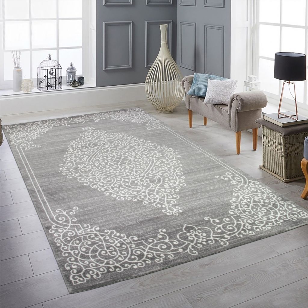 Moderner Teppich Orientteppich Ornamente mit Glitzergarn in Grau Creme Größe - 160 x 220 cm