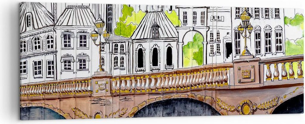 Bild auf Leinwand - Leinwandbild - Frankreich brücke zeichnung - 140x50cm - Wand Bild - Wanddeko - Leinwanddruck - Bilder - Kunstdruck - Wanddekor...