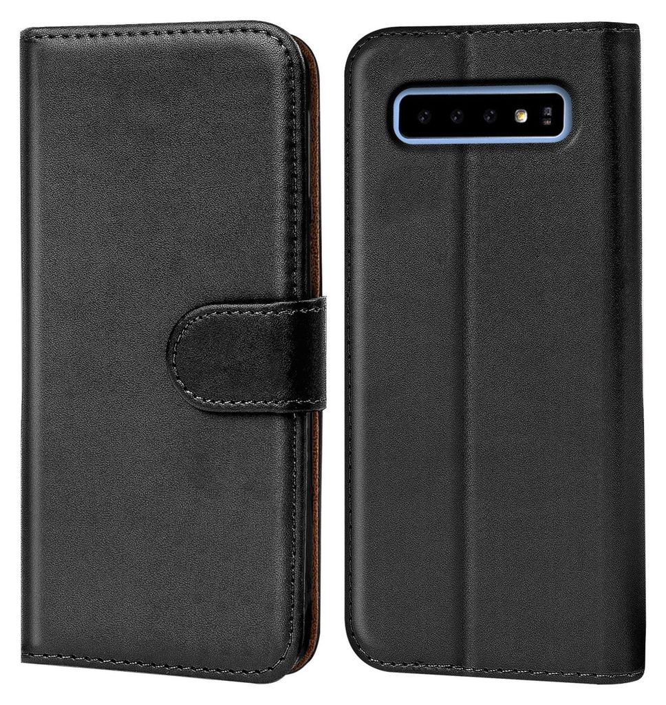A black flip case for a smartphone is shown from the front and back.