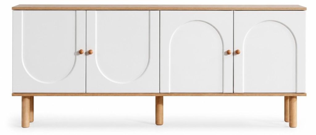 Modernes Sideboard in Weiß mit Holzbeinen und stilvollen Rundungen