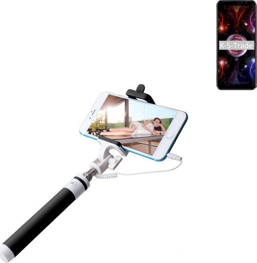 K-S-Trade Selfie Stick kompatibel mit Asus ROG Phone 5s Selfiestick kabelgebunden Monopod mit Kabel Stab Stange Selfportrait Handheldstick schwarz 1x